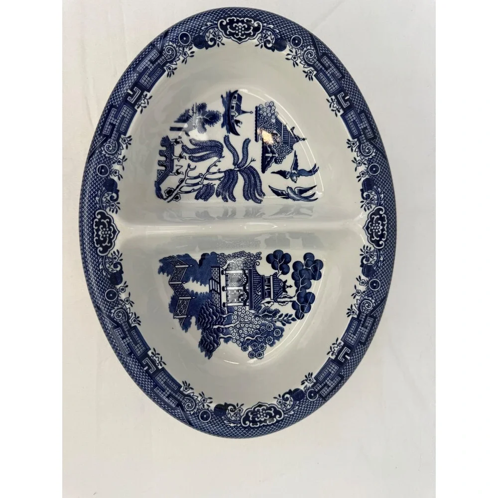 Vintage‎ Churchill Blue Willow Divided Oval Vegetable Bowl Staffordshire England